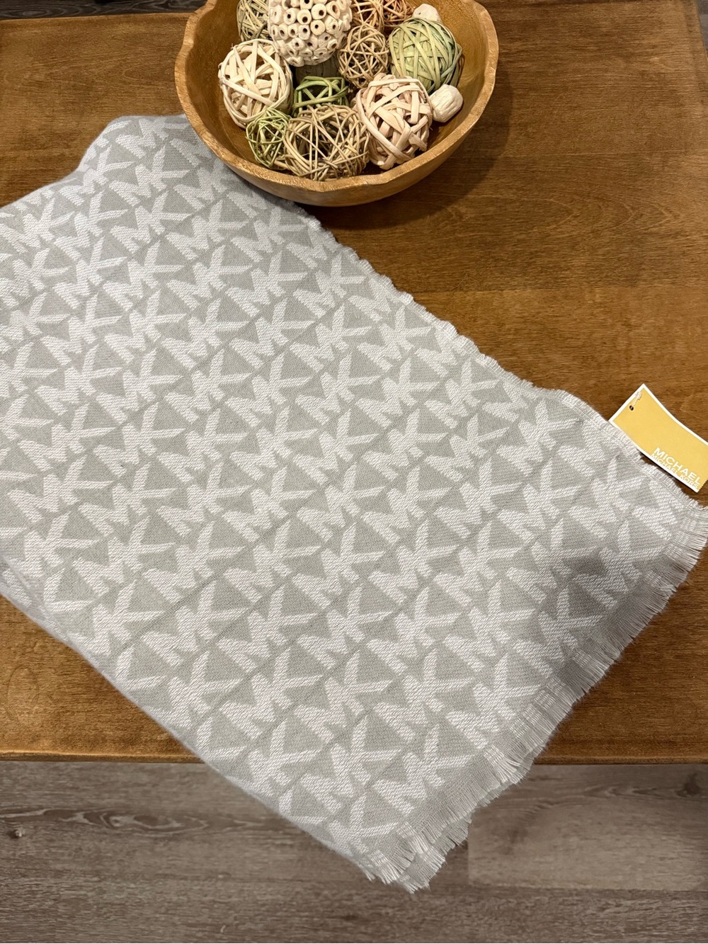 Michael Kors Gray Logo Jacquard Throw with Subtle Fringe